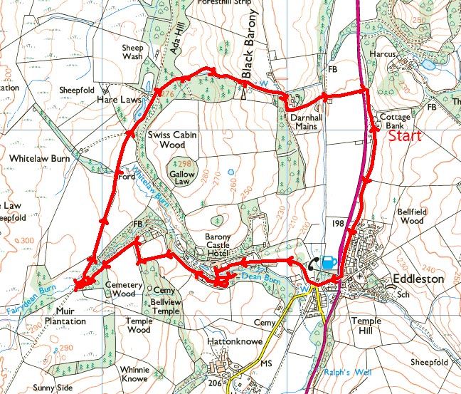 Start Point of Walk beside Scots Pine Cafe Eddleston